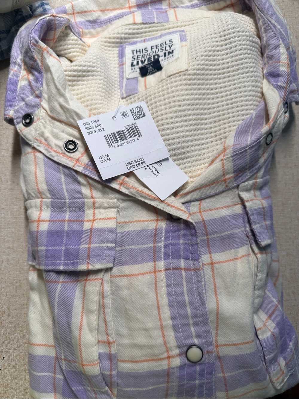 American Eagle Outfitters Cream and Lavender Plaid Button-Down Shirt